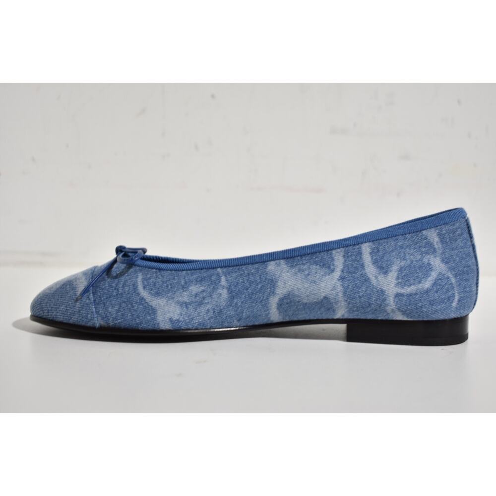 Chanel 23B Printed Denim Blue White CC Logo Bow Tie Ballet Ballerina Flat 37.5 - Picture 9 of 12